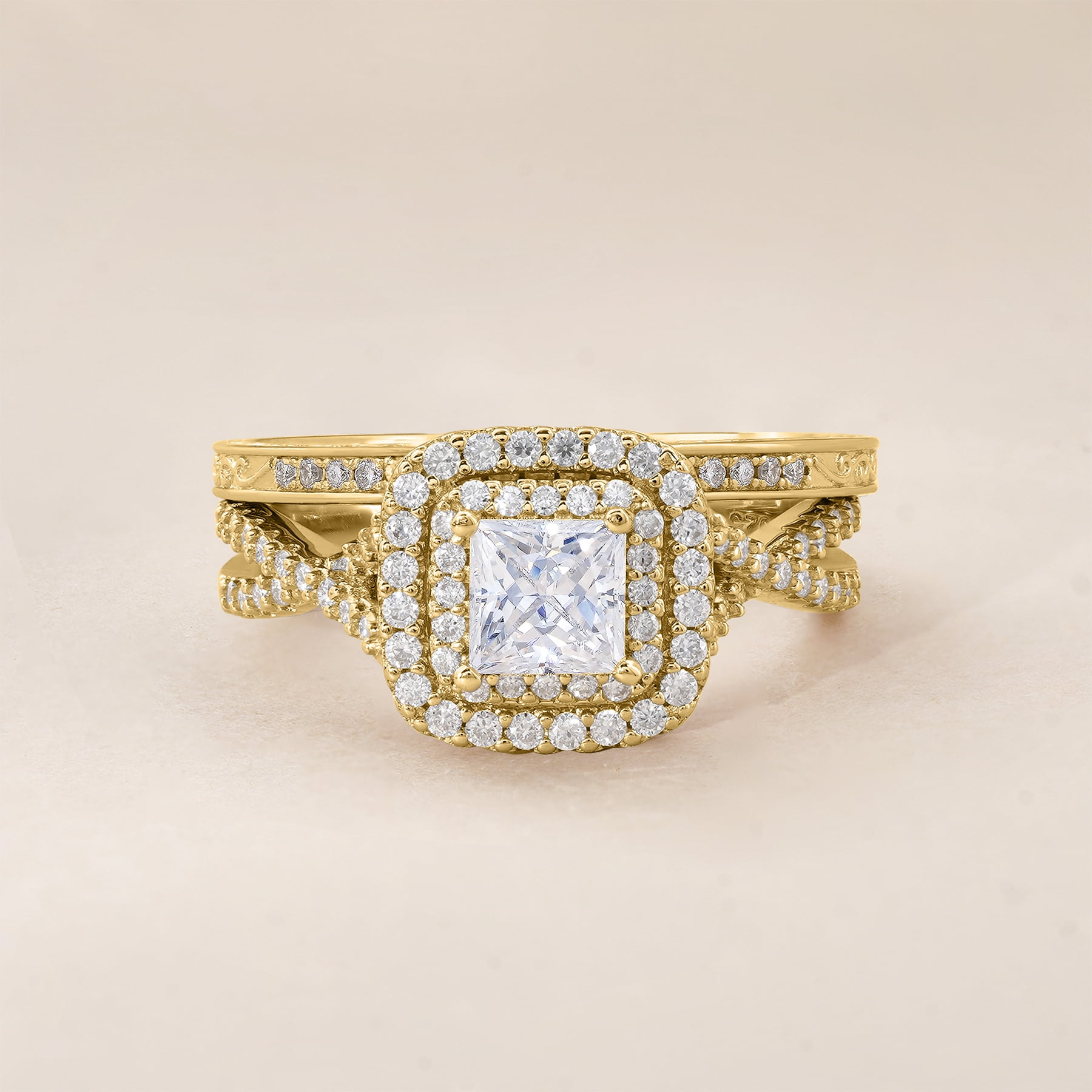 JeenMata 1.25 Carat Square Moissanite Engagement Ring for Women, Double Halo Bridal Wedding Ring Set with Twisted Band in 18K Yellow Gold Plated