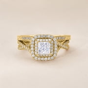 JeenMata 1.25 Carat Square Moissanite Engagement Ring for Women, Double Halo Bridal Wedding Ring Set with Twisted Band in 18K Yellow Gold Plated