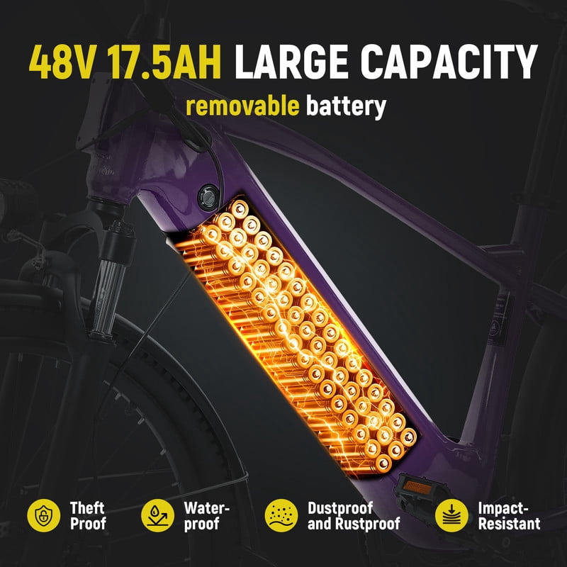 ESKUTE C200 70-Mile Electric Bike for Adults with 840Wh Removable Battery, 1300W Peak Power Ebike, Up to 28MPH Speed, 26" Tires, 7-Speed Adjustable Stem Step-Over E-Bicycle,Purple, UL2849