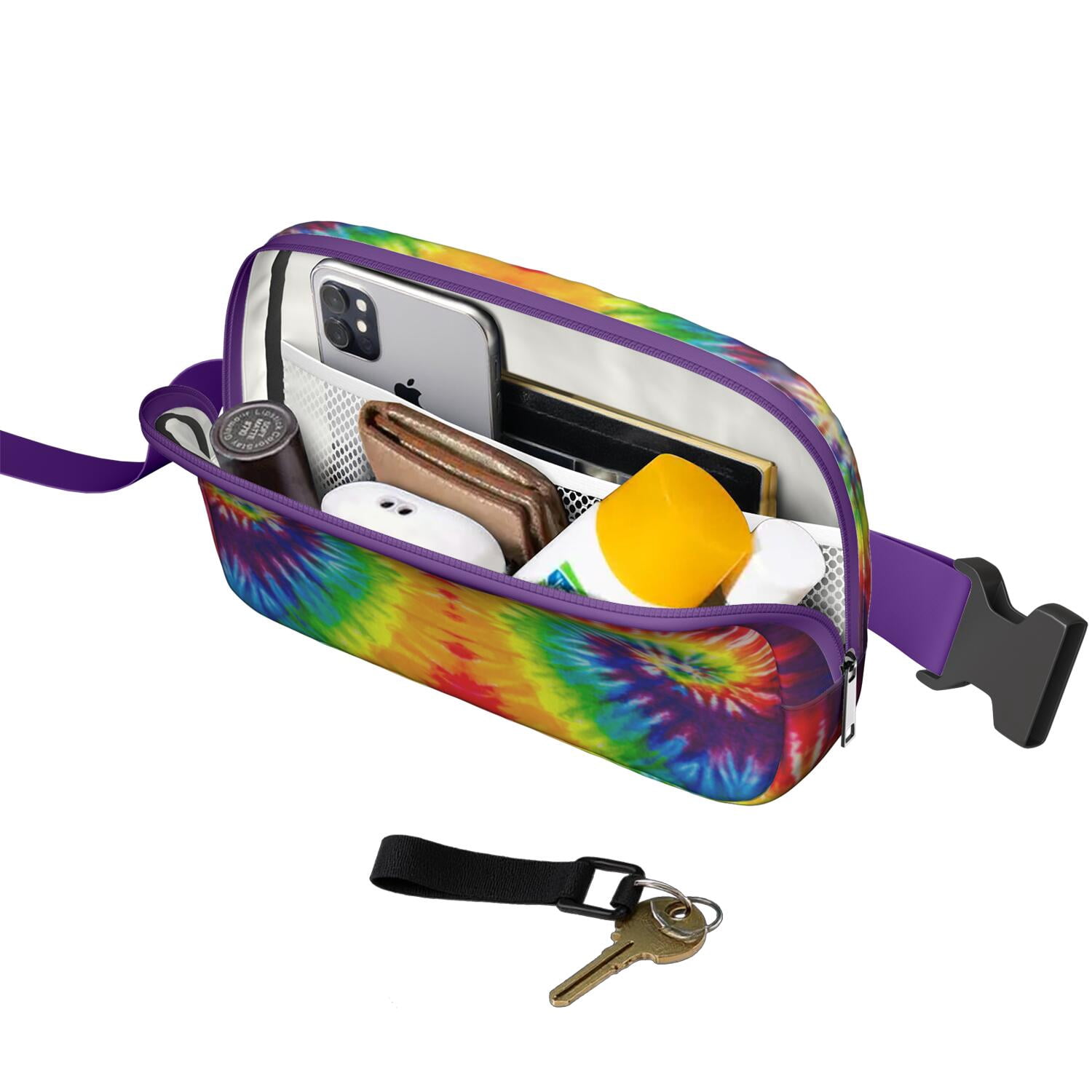 Boho Watercolor Tie Dye Fanny Pack – Multicolor Abstract Pattern Waist Bag with Hippie Rainbow & Retro Design