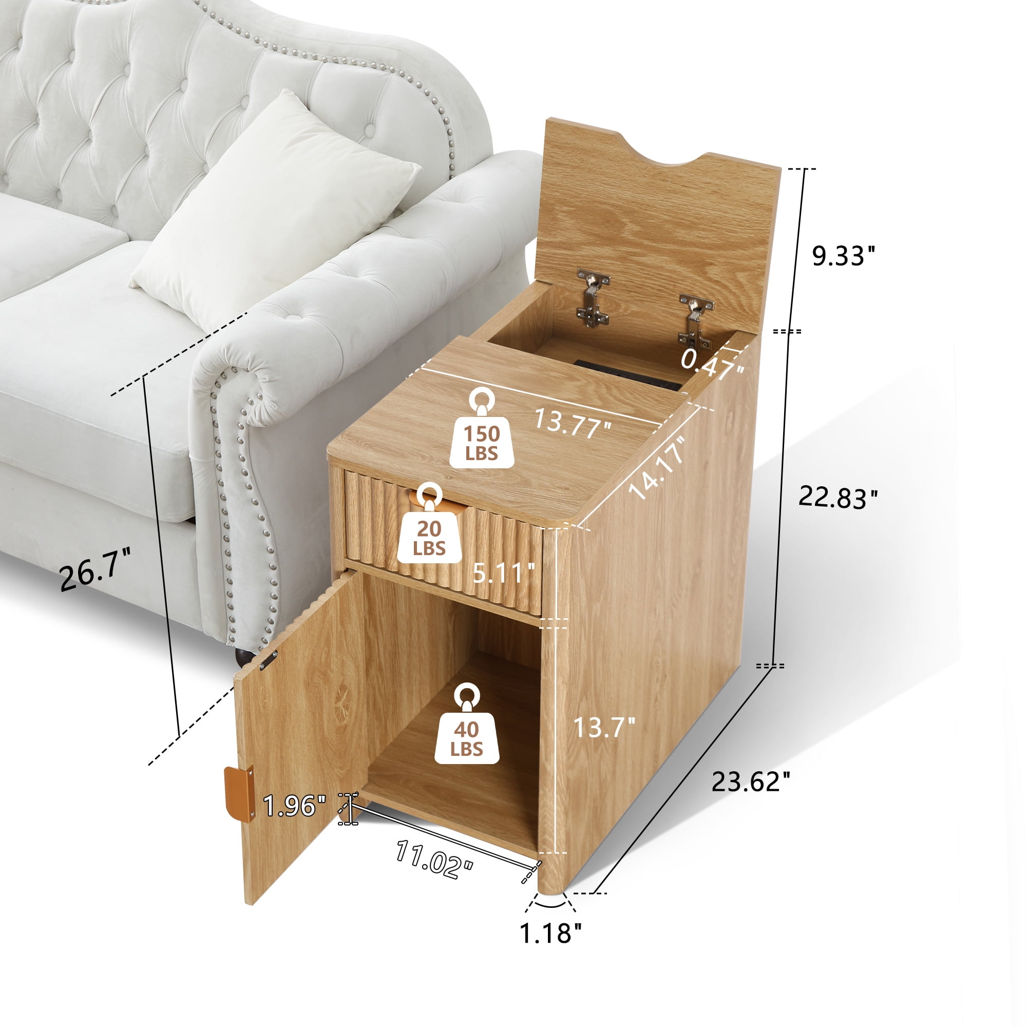 YOCWO Fluted Narrow Nightstand with Charging Station for Bedroom, Wood End Table with Drawer and Door for Living Room, Beige