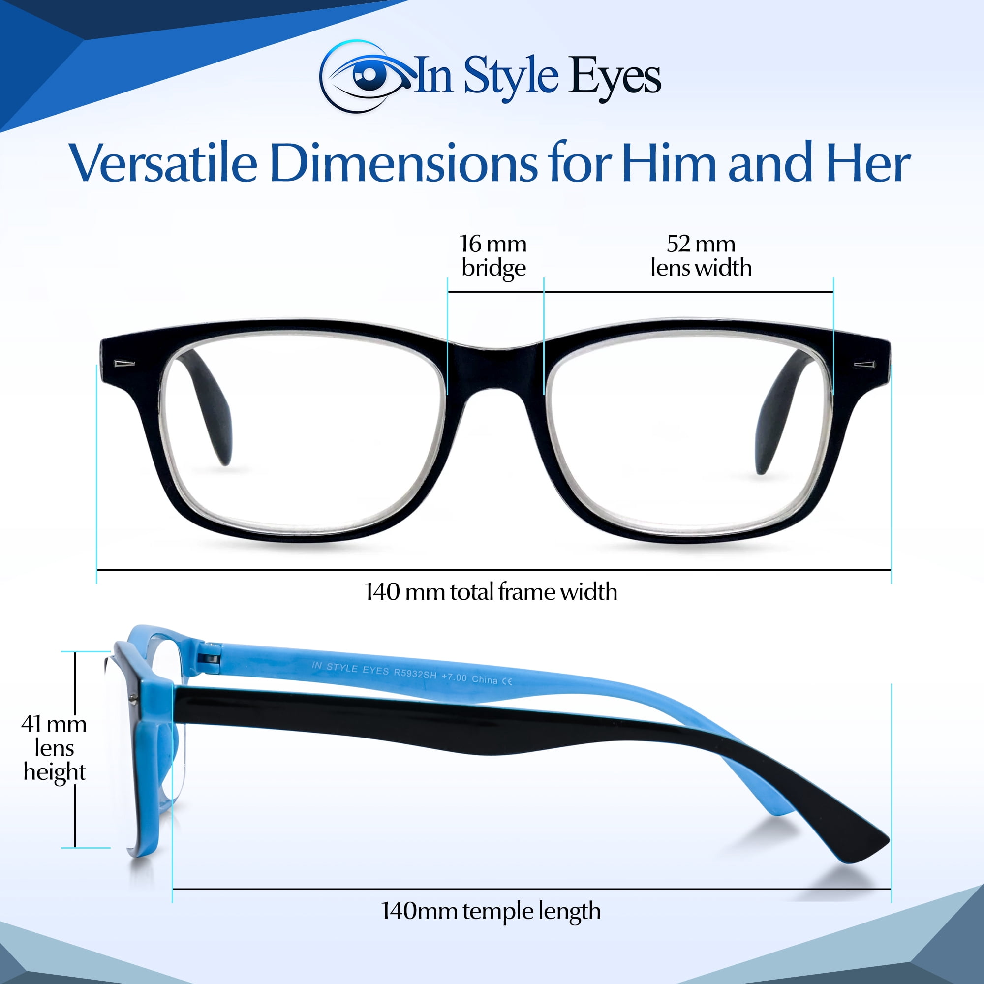 In Style Eyes Powerful High Magnification Men's Reading Glasses, 6.0x, Clear Tint, Blue 1 Pair