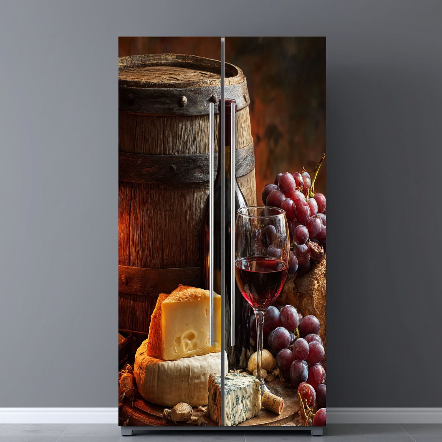 Self Adhesive Vinyl Refrigerator Wrap Set Red wine glass bottle composition cheese grape Door Mural Removable Fridge Sticker Peel and Stick&nbsp;Full Door Cover Decal Kitchen Bar Decor