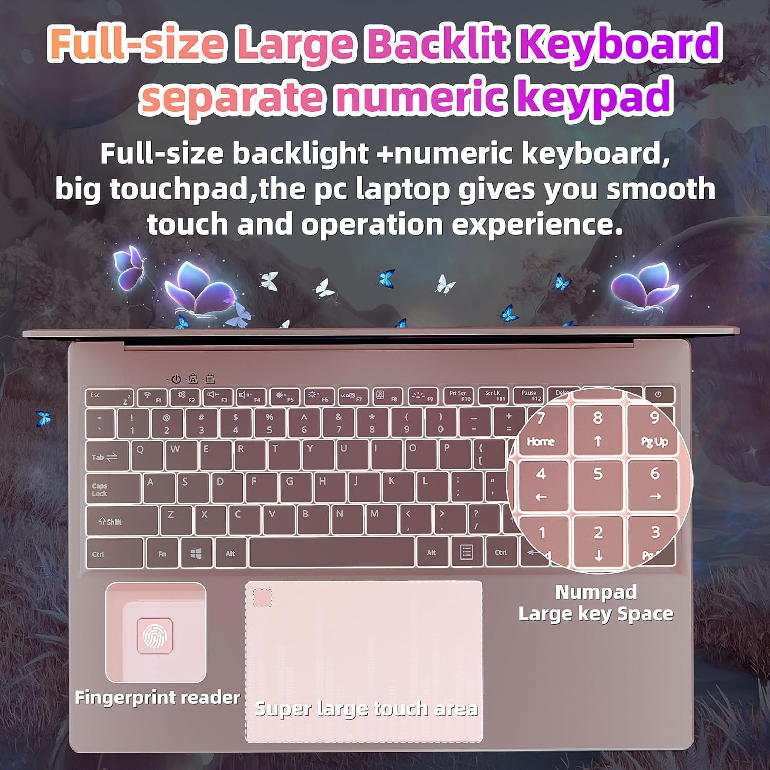 Rumtuk 16" Rose Gold Laptop, DDR4 16GB RAM, 1TB SSD, Win 11 Pro/Office 2019, Celeron N5105 CPU, FHD IPS Display, Backlit KB, Fingerprint, USB 3.0, HDMI, WiFi/BT, PC Notebook for Work, Study
