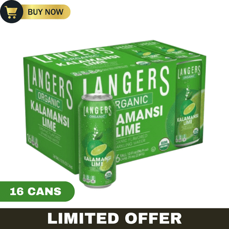 Langers Organic Sparkling Water, Kalamansi Lime Flavor, 12 fl oz Cans, Pack of 16