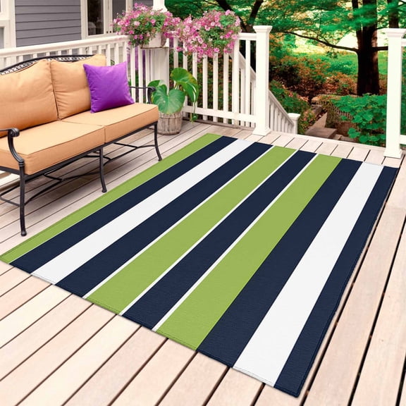 Green Navy Blue Striped Outdoor Rug for Patio/Deck/Porch, Non-Slip Large Area Rug 5 x 7 Ft, Farmhouse Stripes Indoor Outdoor Rugs Washable Area Rugs, Reversible Camping Rug Carpet Runner