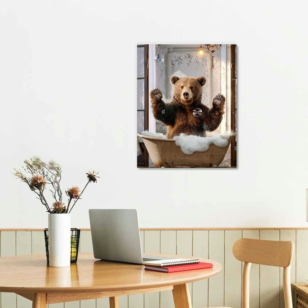 ARISTURING Funny Bear Bathroom Wall Art Bear Bathroom Pictures Wall Decor Farmhouse Bear Canvas Painting Bear in Bathtub Framed Artwork Ready to Hang