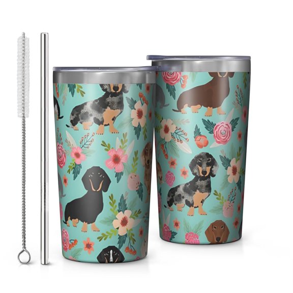 Dachshund and Flower 10oz Tumblers Stainless Steel Tumbler with Lid and Straw,Vacuum Insulated Double Wall Travel Tumbler Cups with Cleaning Brush for Coffee, Tea