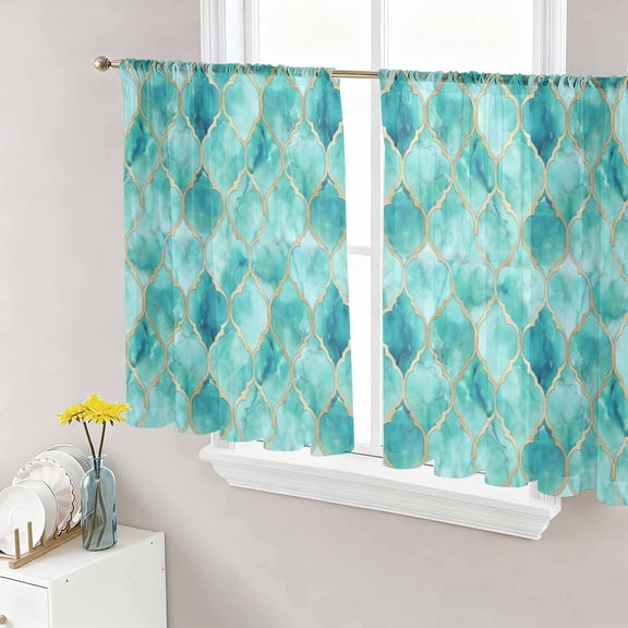 Teal Geometric Semi Sheer Curtains 54 Inch Length 2 Panels Set, Modern Morocco Abstract Art Sheer Kitchen Curtain Privacy Voile Window Curtain for Living Room Bedroom Rod Pocket Drapes