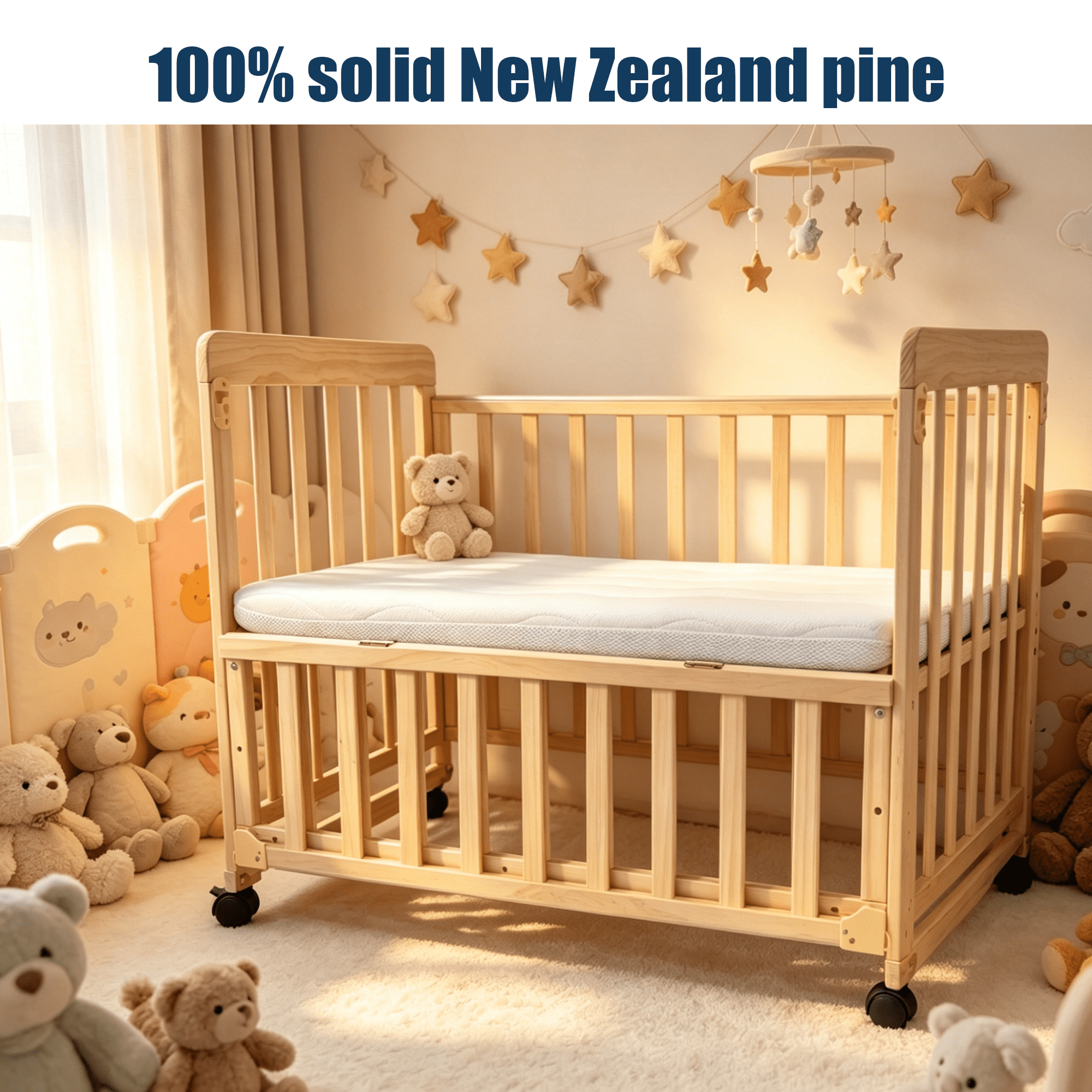 Solid Pine Convertible Baby Bassinet Bedside Sleeper, 3 Adjustable Heights Mini Crib with Breathable Mattress, Portable Newborn Toddler Bed with Lockable Wheels