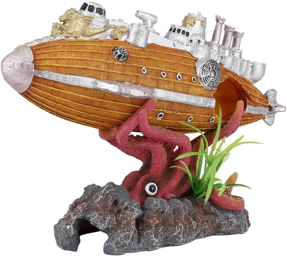 Jinsinto Fish Tank Decorations,Resin Shipwreck Airship,Landscape Tabletop Decoration Octopus Shelter Water Aquarium Fish Tank Aquarium Shipwreck,