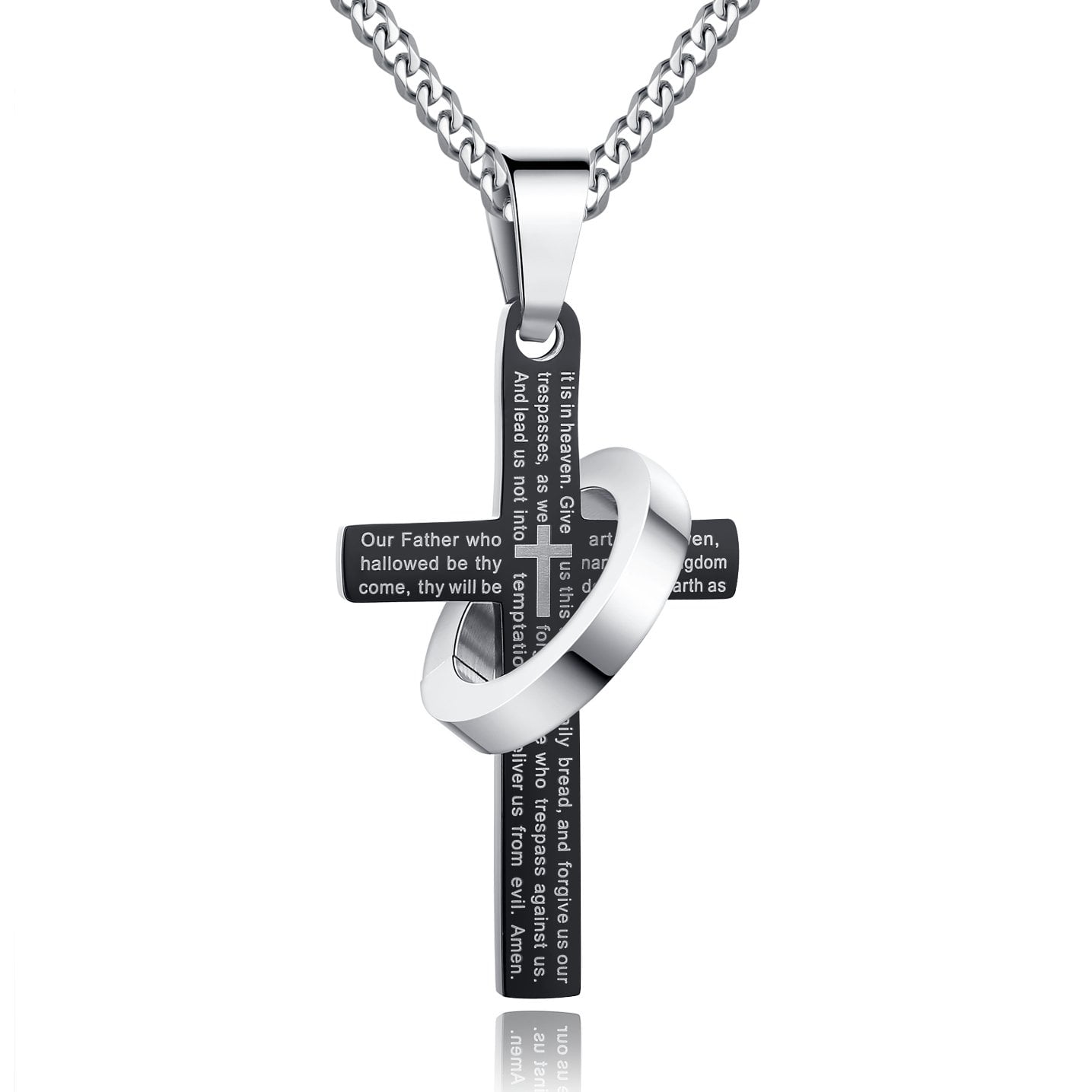 Men's Stainless Steel Large Layered Cross Bible Lord's Prayer Pendant Necklace 