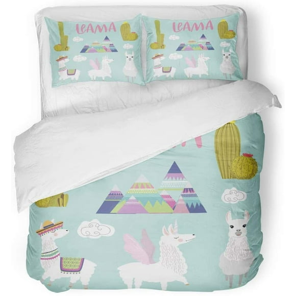 RYLABLUE 3 Piece Bedding Set White Llama of Cute Alpaca Characters with Cactus Peru Peruvian Wool Abstract Twin Size Duvet Cover with 2 Pillowcase for Home Bedding Room Decoration