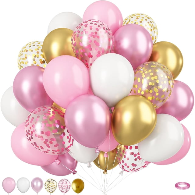 Yanonmyfd Pink and Purple Balloons, 50PCS 12 Inch Confetti Balloons, Metallic Purple Pink Latex Balloons with Ribbon, Party Balloons for Birthday Shower Wedding Party Decorations,Pink-gold