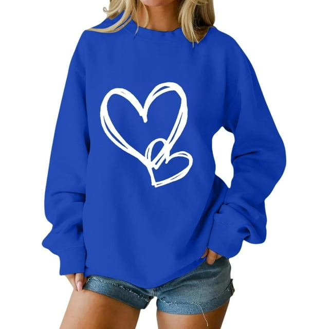 SOMOWI Chandails de la Saint-Valentin pour Femmes Sans Capuche Col Rond Manches Longues Chandail Décontracté Tricot Doux Bleu Hauts d'Automne Décontractés L
