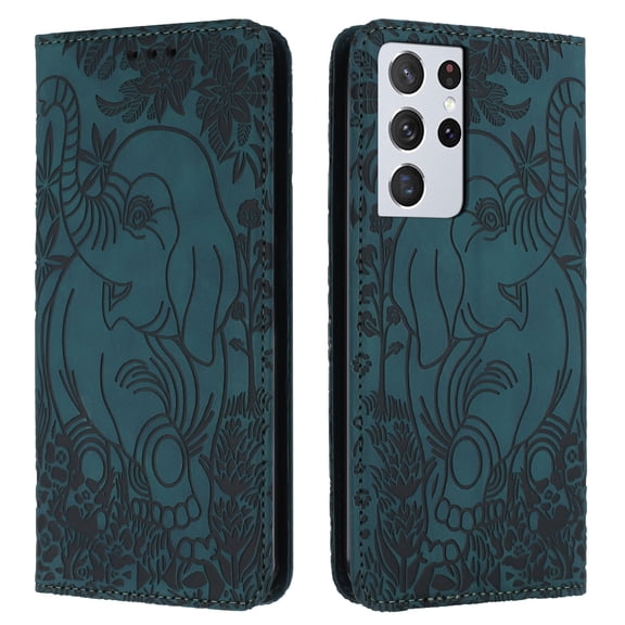 Decase Luxury Retro Leather Wallet Case for Samsung Galaxy S21 Ultra,Retro Elephant Texture PU Leather Flip Cover with Card Holder Slots, Shockproof Rugged Magnetic Folio Phone Case,Green