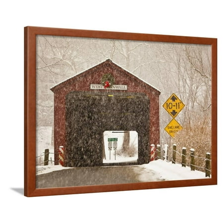 Snow Falling on the West Cornwall Covered Bridge over the Housatonic River, Connecticut, Usa Framed Print Wall Art By Jerry & Marcy