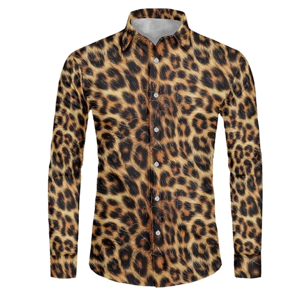 Chririnla Wild Leopard Print Men's Long Sleeve Dress Shirt Regular Fit Casual Business Formal Button Up Shirts for Beach Wedding Party Holidays
