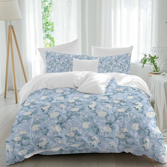 Spring Flowers Twin Size Comforter Set, Retro White Floral Blue Retro Texture Bedding for All Seasons, 4 Pcs Bed Set, 1 Quiltcover (68"x86") ,1Sheet(67"x116"), 2Pillowcases (30"x20")