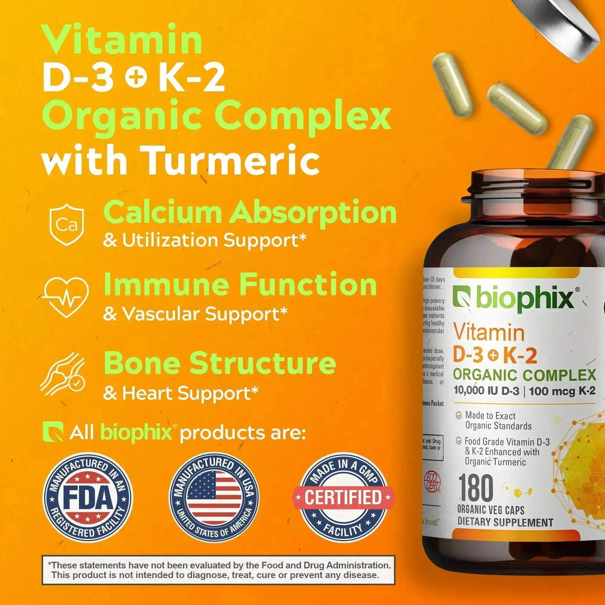 biophix Organic Vitamin D-3 K2 Turmeric 180 Vcaps - High-Potency Supports Strong Bones Immune Health
