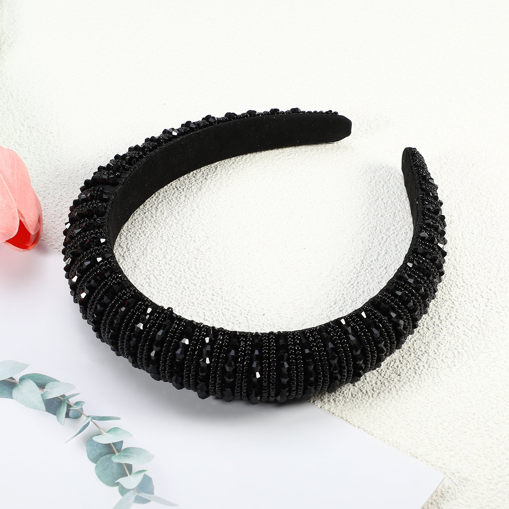 Unique Bargains Crystal Headband Rhinestone Hairband for Women 1.2 Inch Wide Black