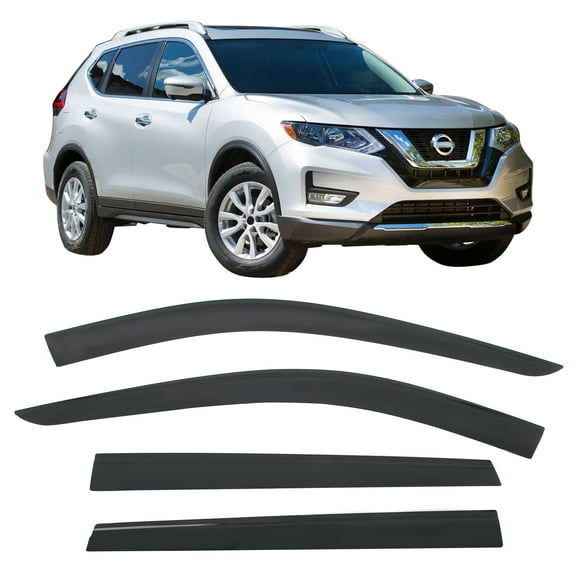Ikon Motorsports Tape-On Window Visors Vent Rain Sun Guards Deflectors For 2014-2020 Nissan Rogue, Low Profile Style Acrylic Smoke/Tinted 4PCS