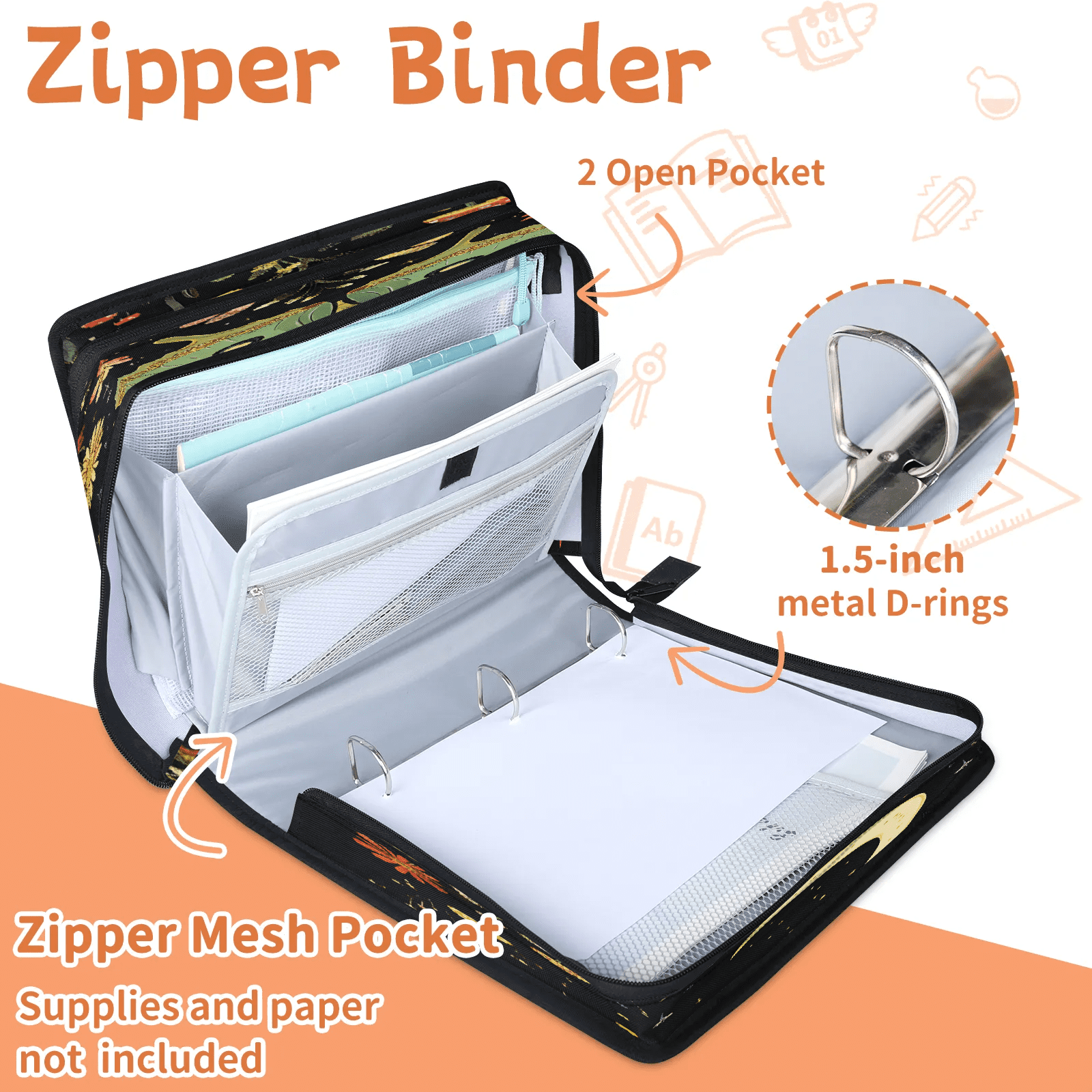 Herdesigns Butterfly Zipper Binder with Shoulder Strap, Waterproof 1.5 Inch 3 D-Ring Binder Organizer Bag, Fits 13 Inch Laptop for Work, Floral