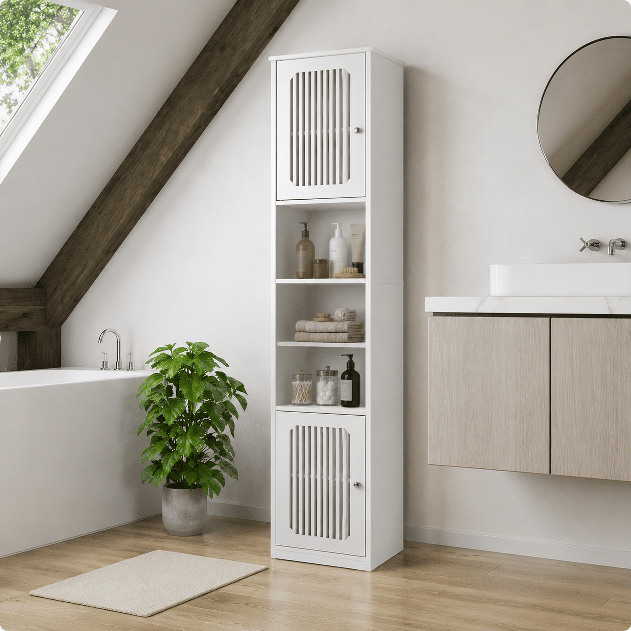 64 Inch White Tall Bathroom Storage Cabinet with Adjustable Shelves, Louvered Door Floor Standing Cabinet, Multi-Tier Vertical Narrow Organizer Unit for Bathroom Bedroom Entryway