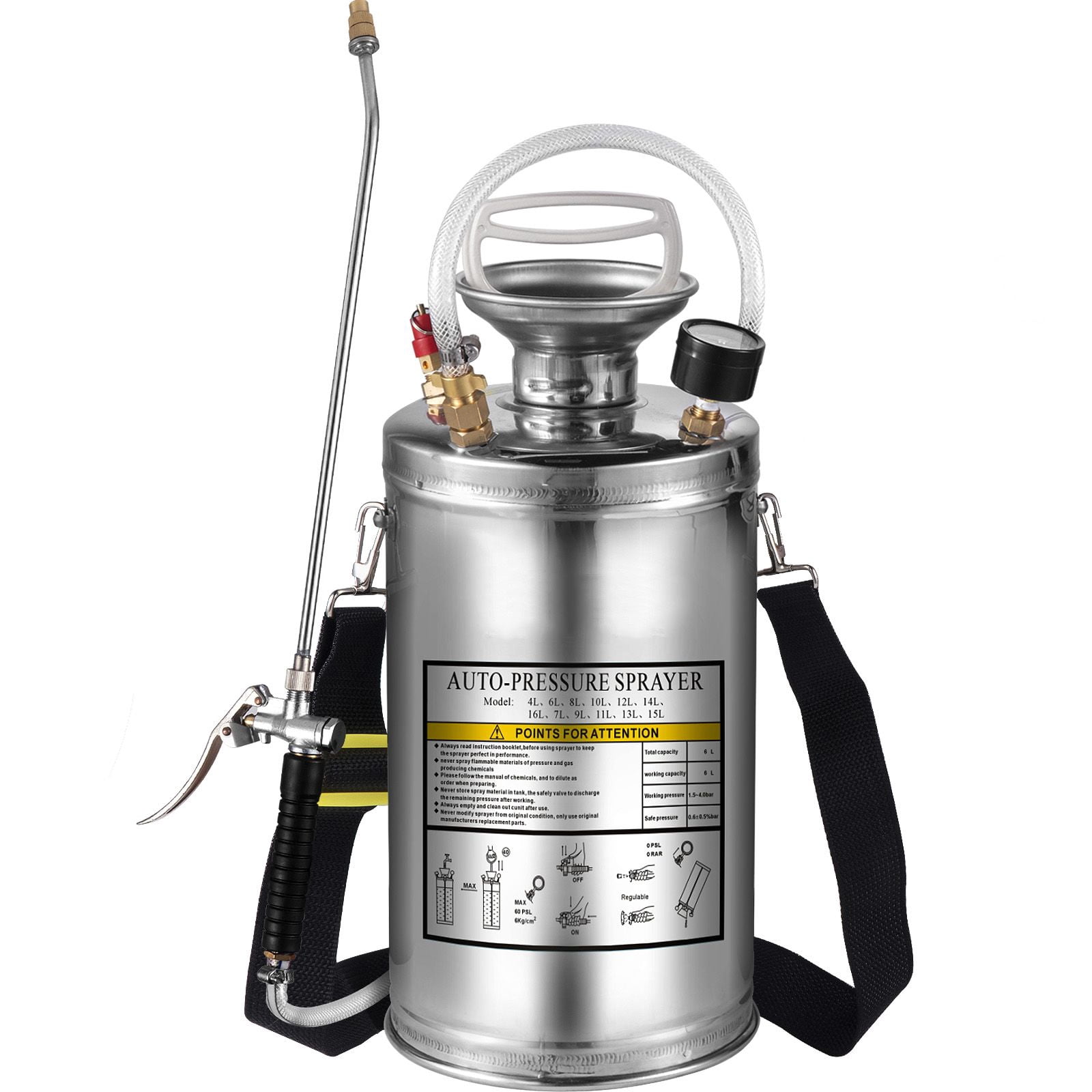 1.5 Gallon Stainless Steel Sprayer, 1.5-4.0 Bar Pressure, Adjustable Brass Nozzle, Pressure Gauge, Shoulder Strap for Garden Cleaning Disinfection