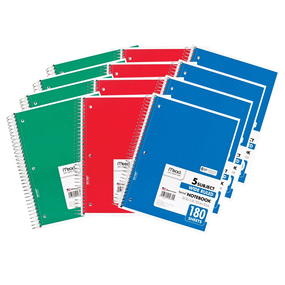 Mead® Spiral Bound Notebook, Wide Rule, 5 Subject, Assorted Colors