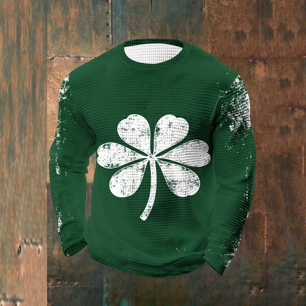 Ceisia Men's St. Patrick's Day Distressed Six-Petal Shamrock Waffle Knit Top | Long Sleeve Crew Neck Casual Tee Gifts