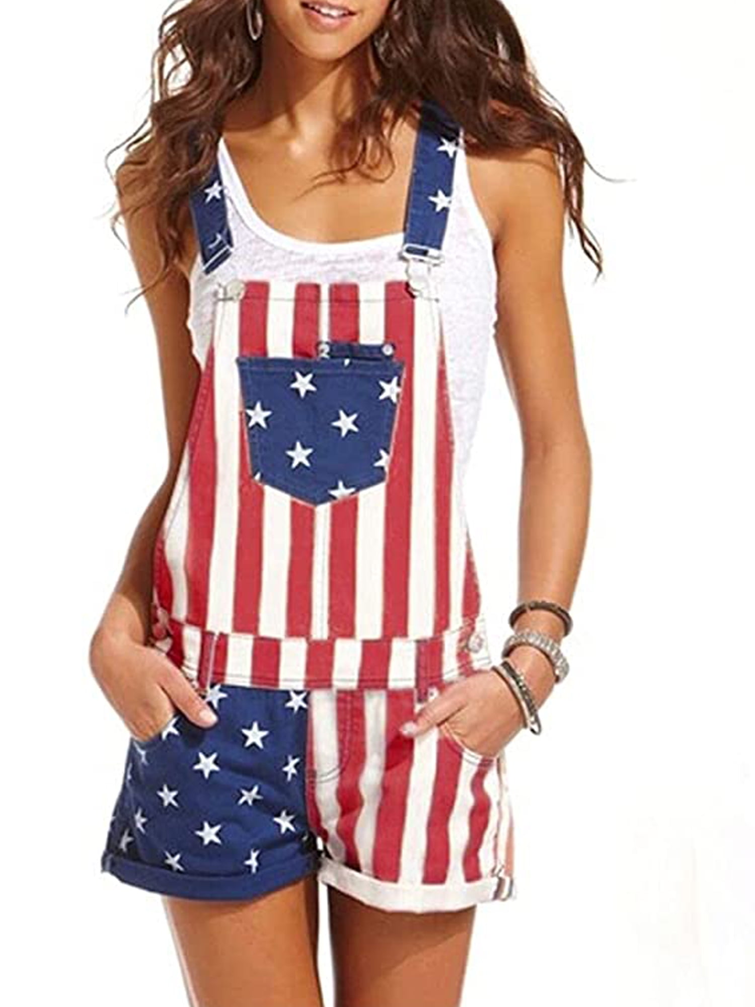 Women American Flag Print Overalls 4th 