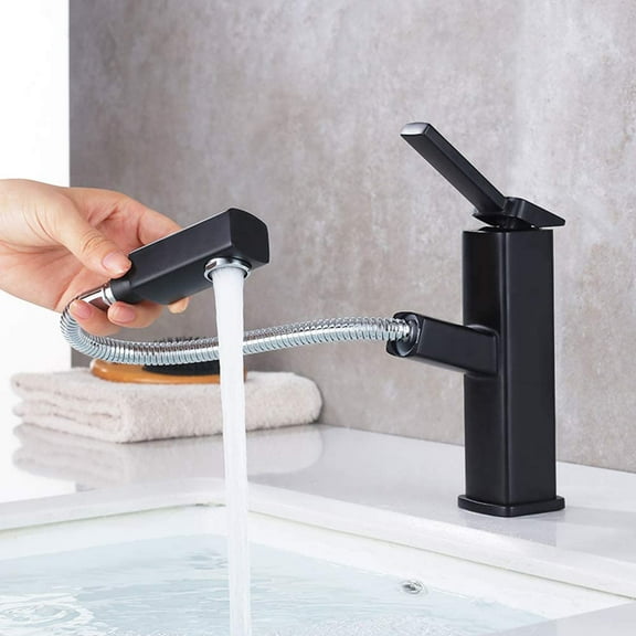 KAIYING Bathroom Sink Faucet with Pull Out Sprayer, Single Hole Utility Bar Sink Faucet, Lavatory Pull Down RV Sink Faucets with Rotating Spout, Single Handle(Regular, Black)