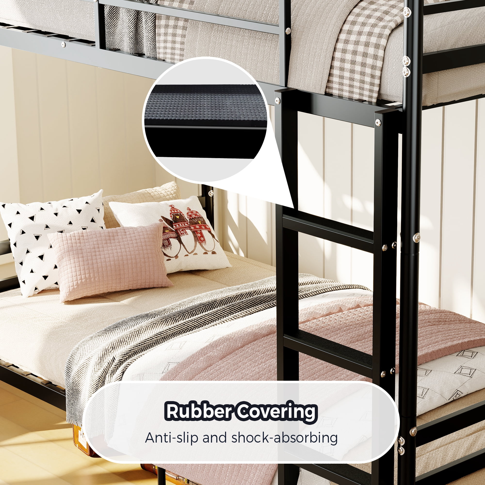 Leumius Twin Over Twin Bunk Beds,Heavy-Duty Metal Bunk Bed with Safety Guardrail & Ladder,Metal Slats Support,No Box Spring Needed,Black