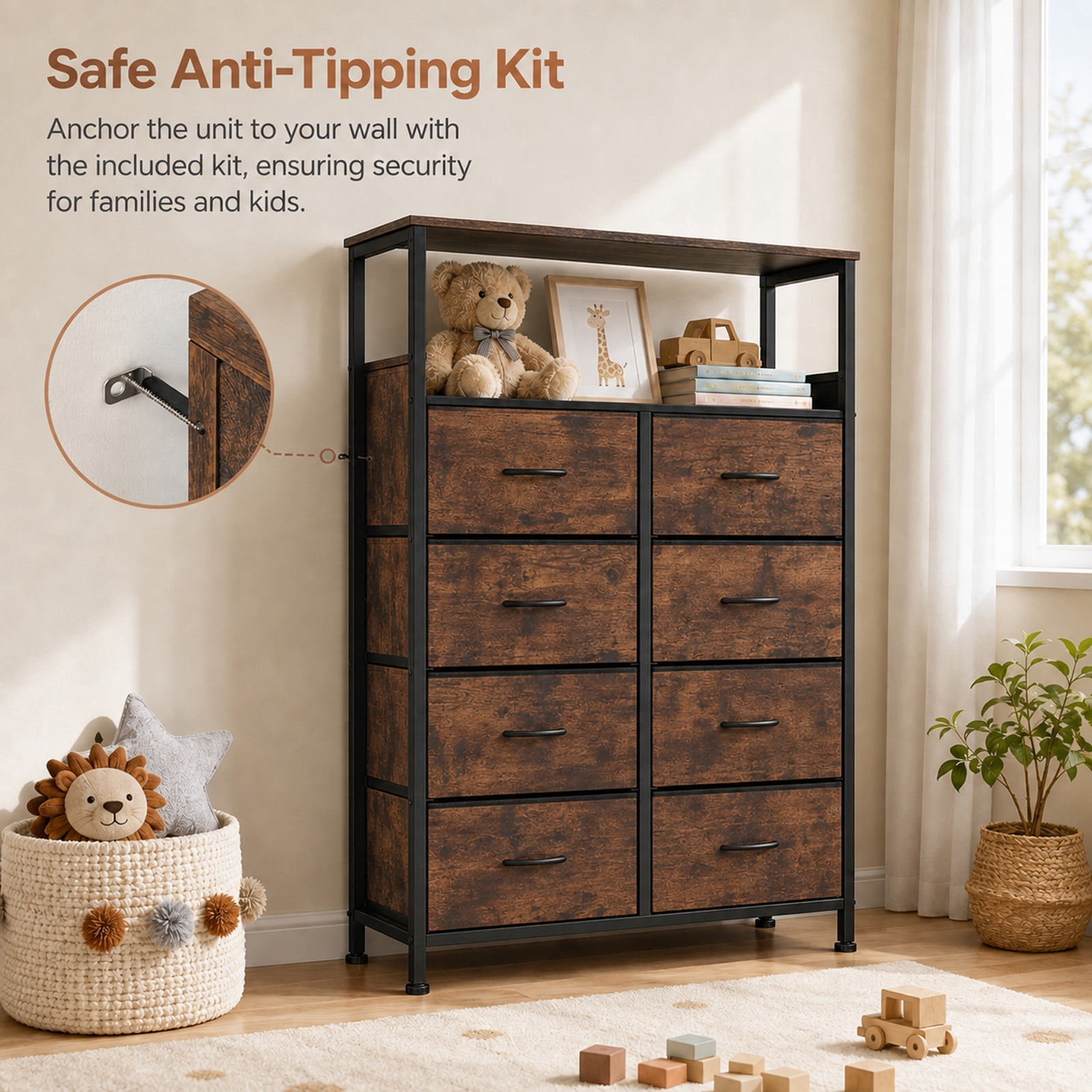 Alvantor 8-Drawer Fabric Dresser with Open Shelf, Chest of Drawers, Steel, MDF, Storage Organizer Unit, Closet, Entryway