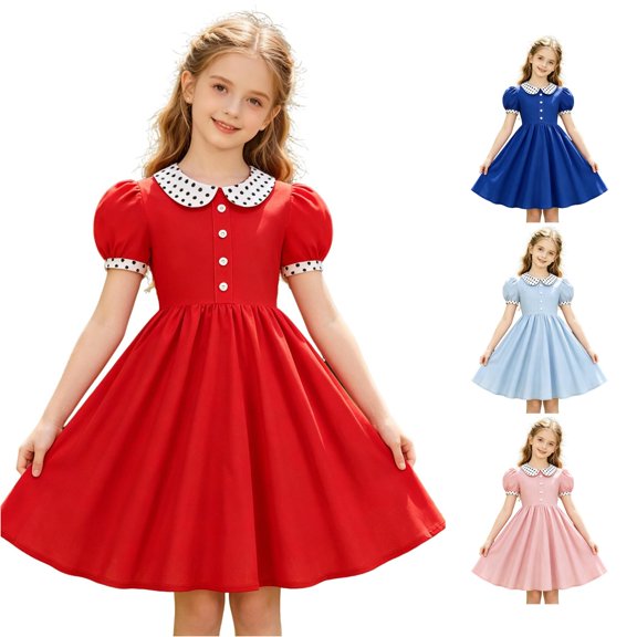 Vividxx Girls Dress Puff Sleeve Dress Color Block Dresses Party Daily Wear For Kids Formal 12-13 Years