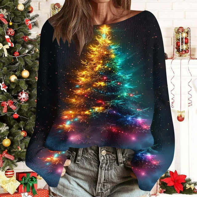 Fankiway Chandails Tunique pour Femmes Chandail de Noël Imprimé Décontracté à Col Rond à Manches Longues Chandail en Tricot Chandail 2025 Mode d'Automne Hauts Graphiques au Crochet Vêtements Hippie Noir P