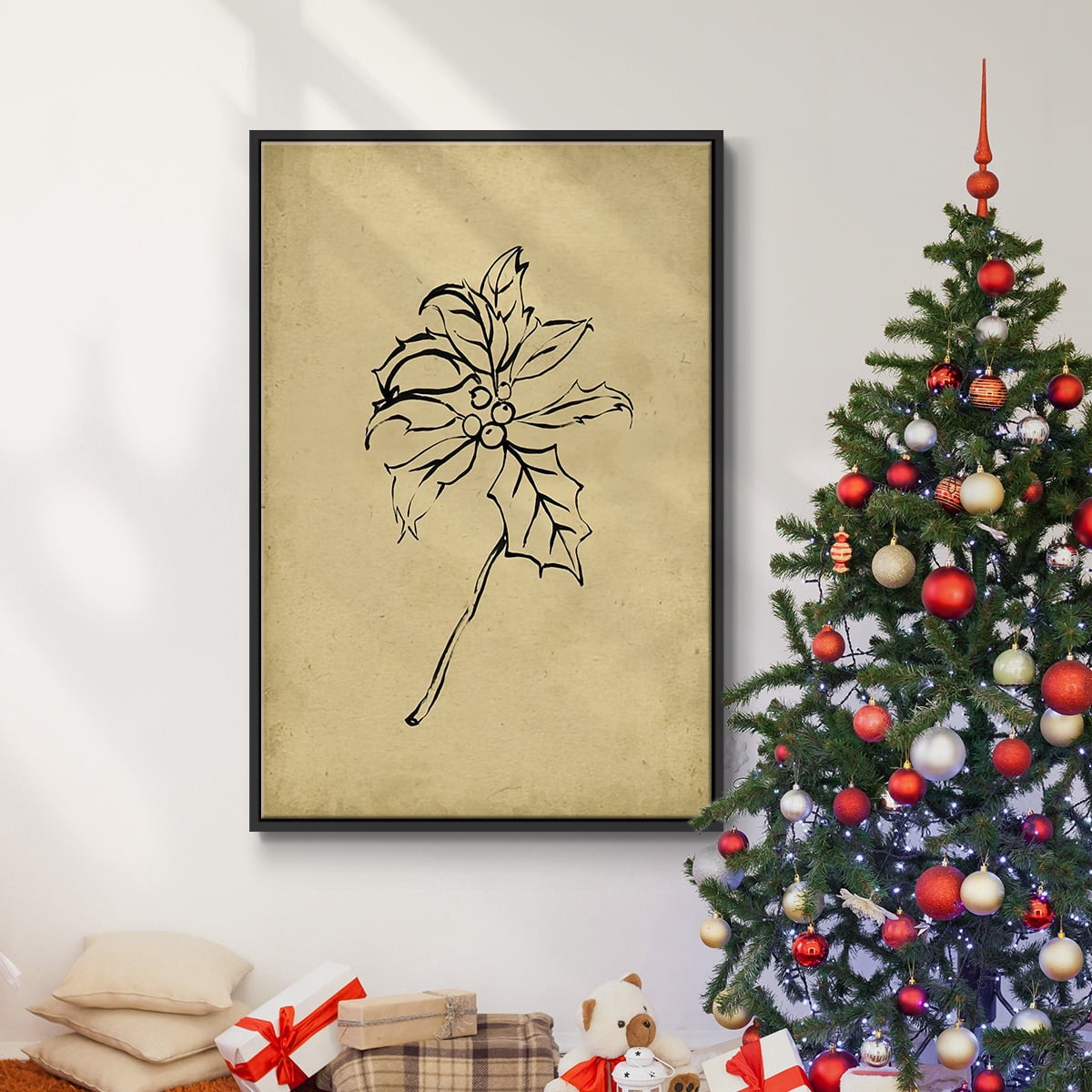 Holly Branch II - Framed Gallery Wrapped Holiday Canvas - 27 x 41 - Black Frame