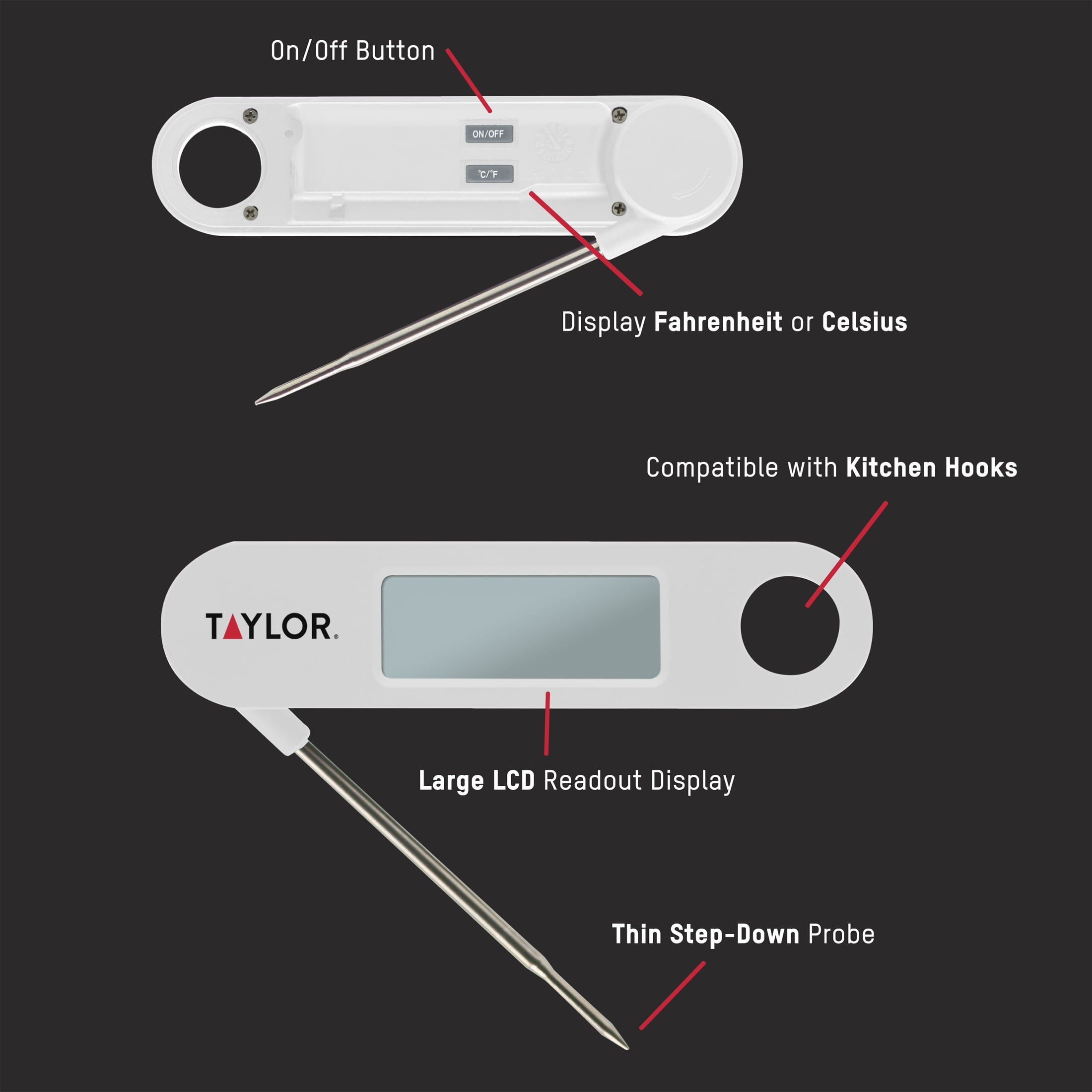 Taylor Stainless Steel Digital Folding Probe Meat Thermometer, Blue Backlight Display, White