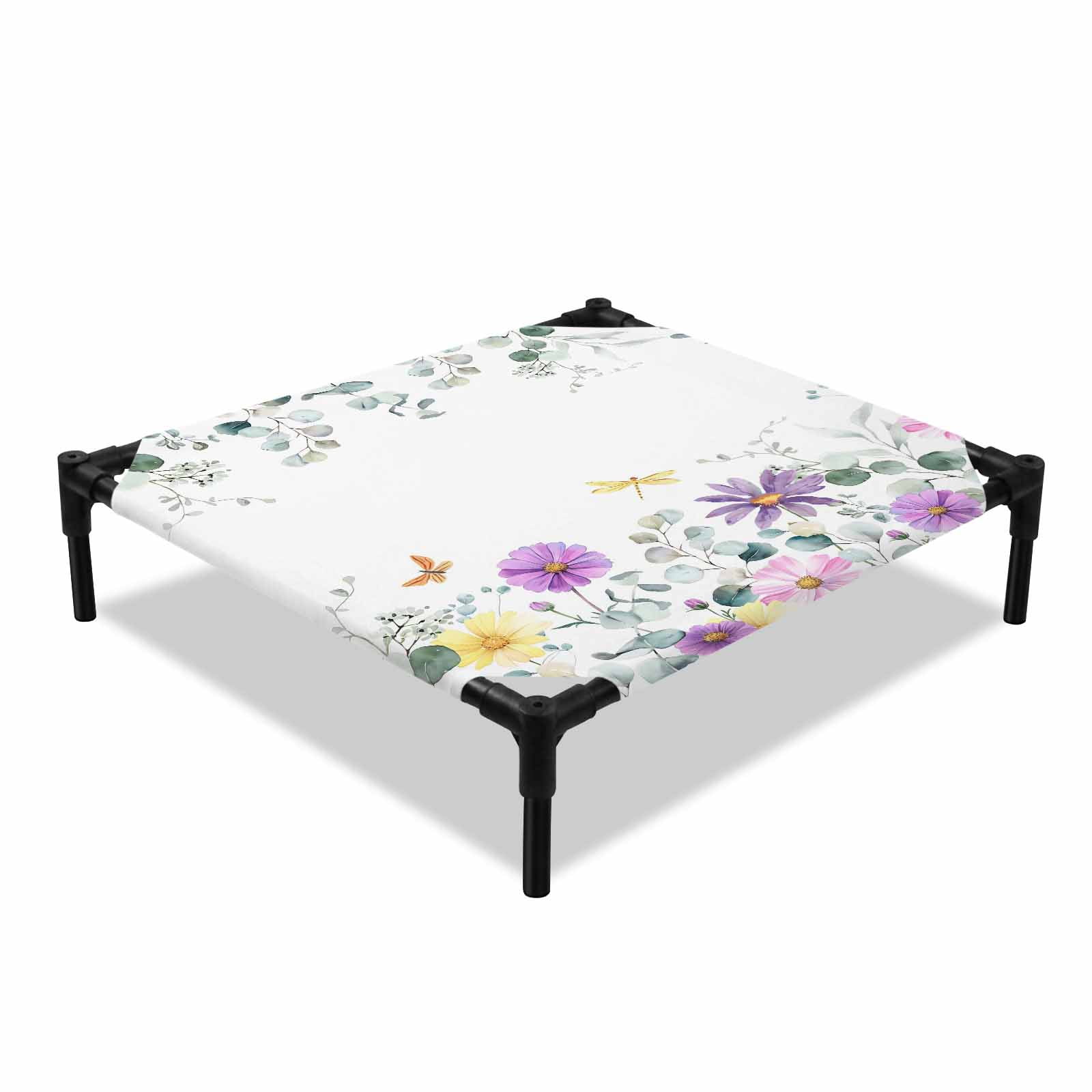 Purple Yellow Flowers Elevated Dog Bed Spring Floral Eucalyptus Leaves Cooling Breathable Outdoor Raised Dog Cot Bed with Metal Frame Non-Slip Feet for Small Dog 20x20in