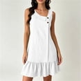 thumbnail image 2 of Women's Sleeveless Ruffle Hem Mini Dress Ribbed Textured Shift Dress Asymmetrical Neck Summer Beach Sundress Street Casual Outfit White, 2 of 6