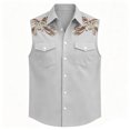 thumbnail image 2 of Shirts for Men Western Cowboy Print Geometric Sleeveless Casual Button Up Top Summer with Double Pockets Breathable Light Gray Shirt, 2 of 3