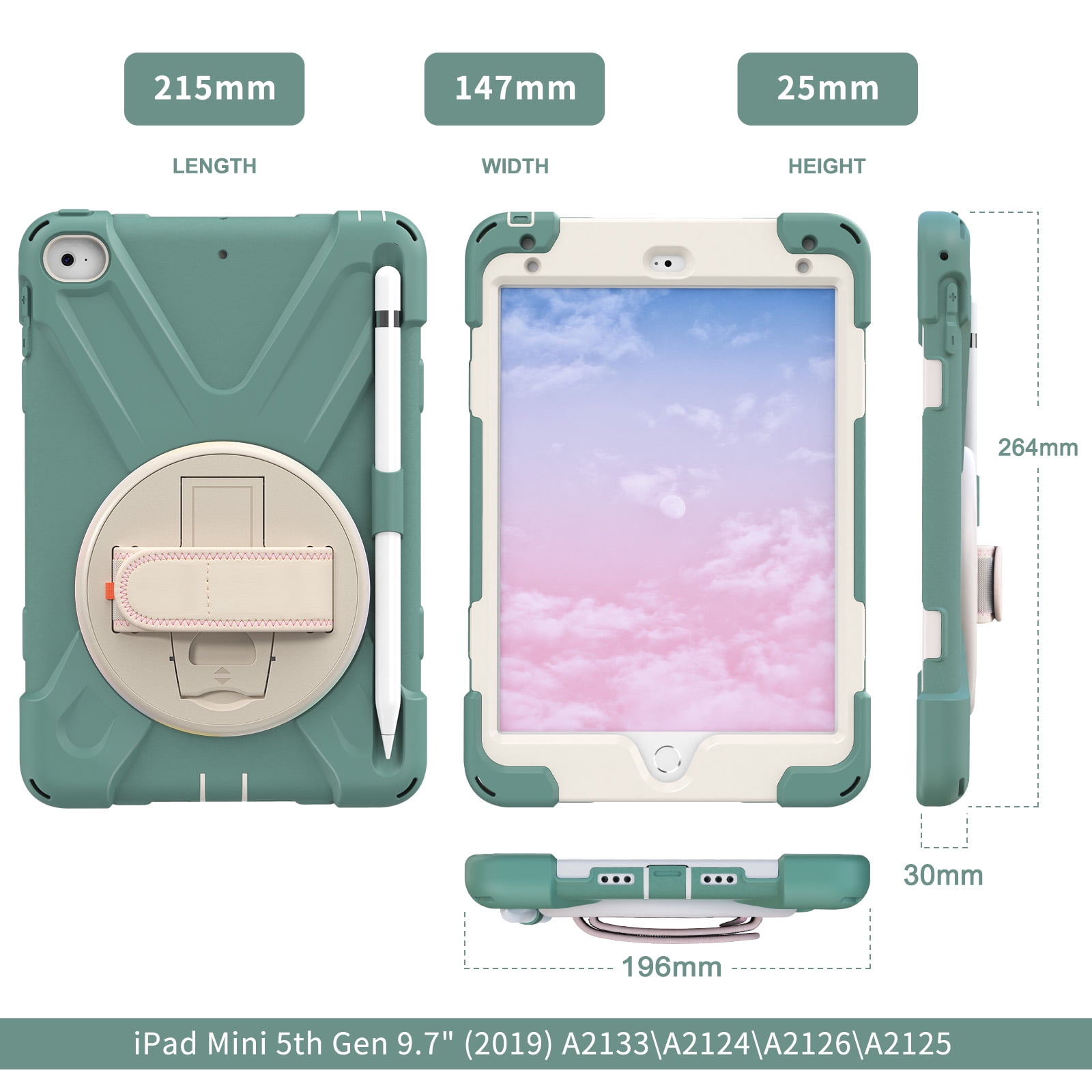 Allytech iPad Mini 5 Case Kids, iPad mini 4 Case with Screen Protector,Heavy Duty Protection Rugged Kids Friendly Shockproof Kickstand Pencil Holder Case Cover for Apple iPad mini 4/ mini 5,Darkgreen