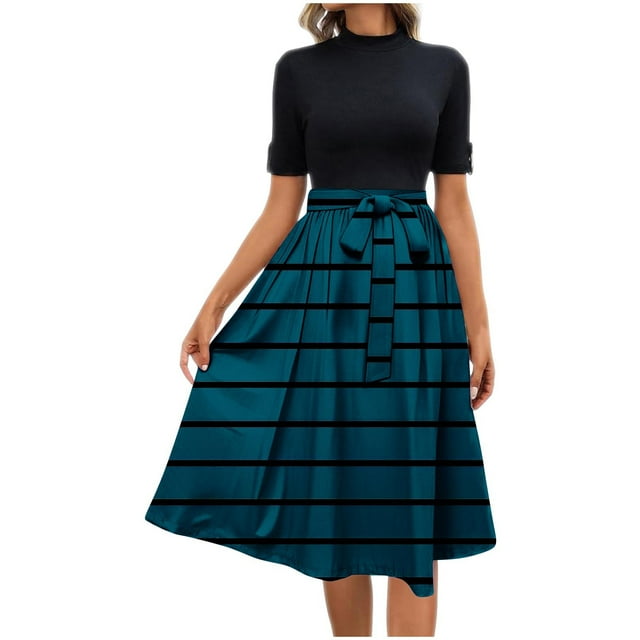 Kaemgyyd Robes de Travail pour Femmes Élégantes Manches 3/4 Patchwork Fluides Robes Trapèze Invitées de Mariage Affaires Robe Midi