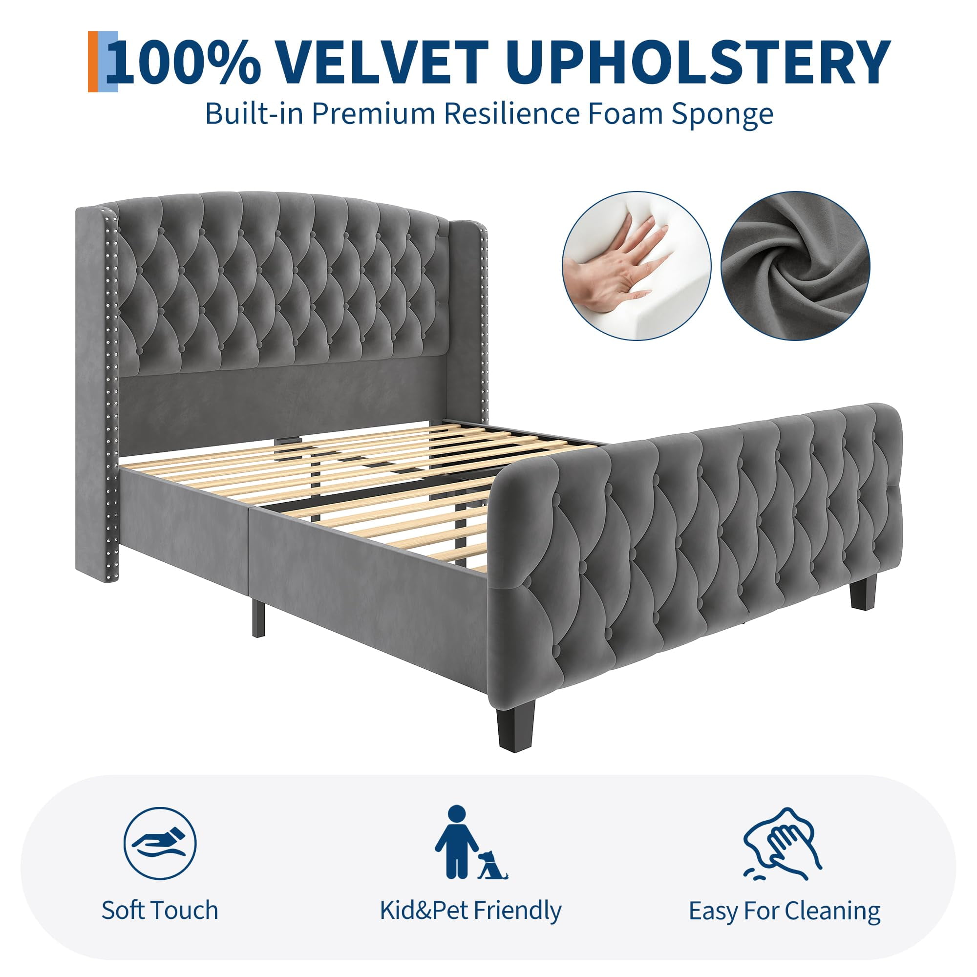 Huisuilinss Queen Bed Frame,King Size Bed Frame,Velvet Upholstered Platform Bed Frame With Deep Button Tufted Wingback Headboard And Footboard,No Box Spring Needed,Easy Assemble