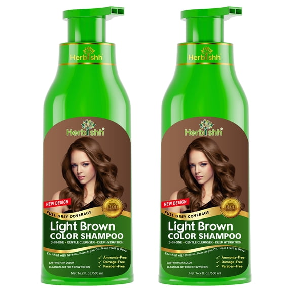 Herbishh Light Brown Hair Color Shampoo for Gray Hair, Permanent Color for Men & Women, 3-in-1 Color Shampoo Conditioner, 500ml – Buy 1 Get 1 Free