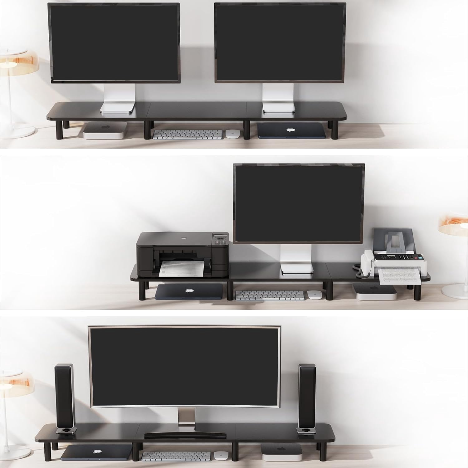 Extra Long Dual Monitor Stand - 43.7 Inch Wide Wood and Steel Desktop Riser for Home Office Desk Organization