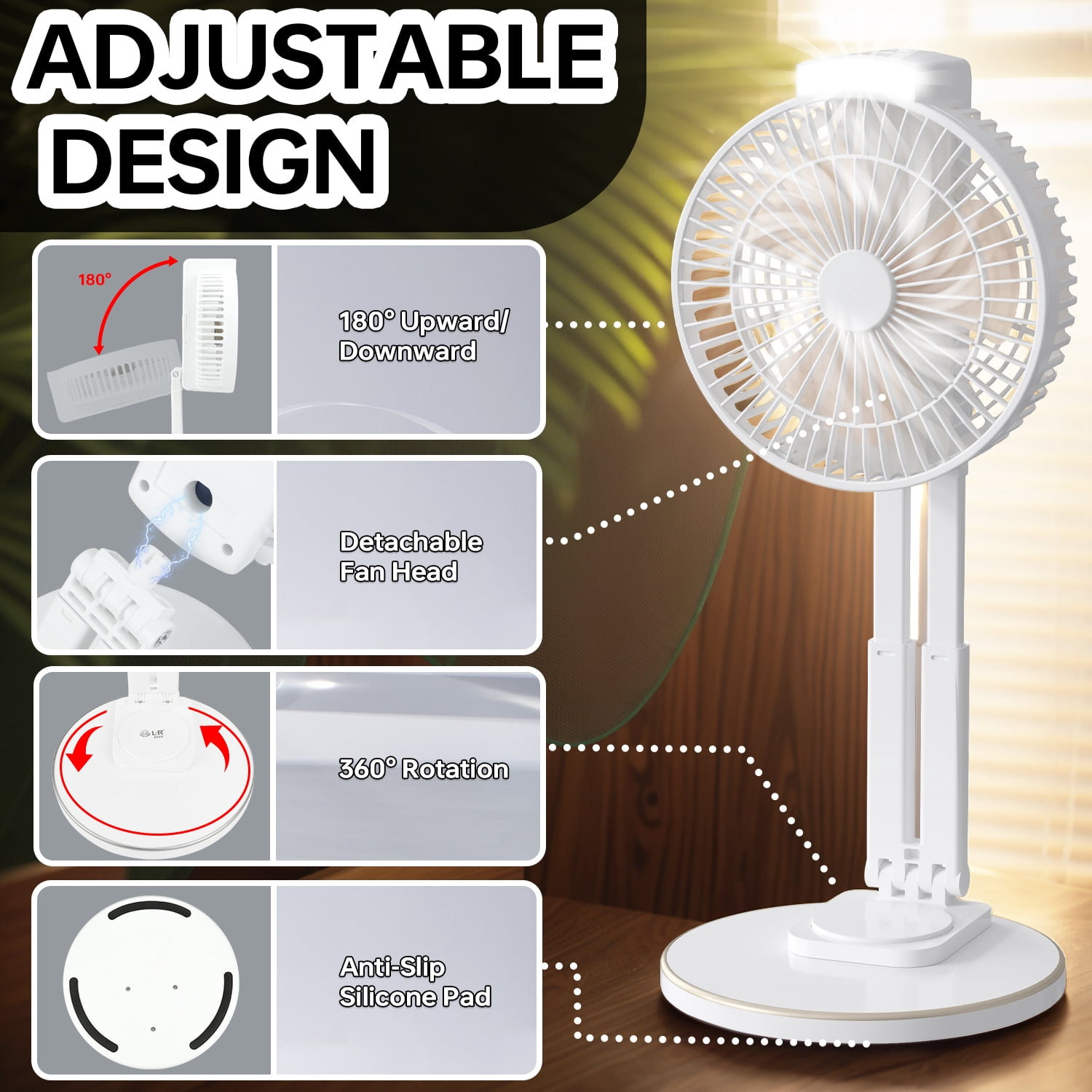 Portable Fan Rechargeable Usb Desk Fan With Light Hanging Hook Adjustable Height And Removable Head Folding Table Fan For Office Home Camping Travel