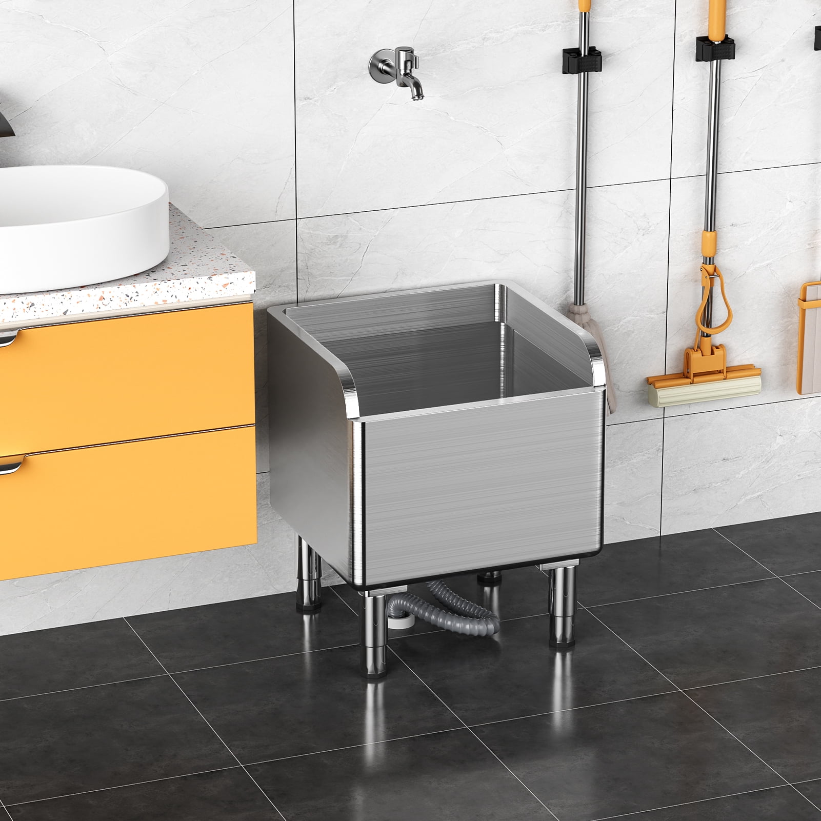 Cixusio Commercial Floor Mop Sink, Stainless Steel Mop Service Basin Laundry Room Slop Sink, Tub Utility Sink for Kitchen/Restaurant, Silvery (45x41x55cm)