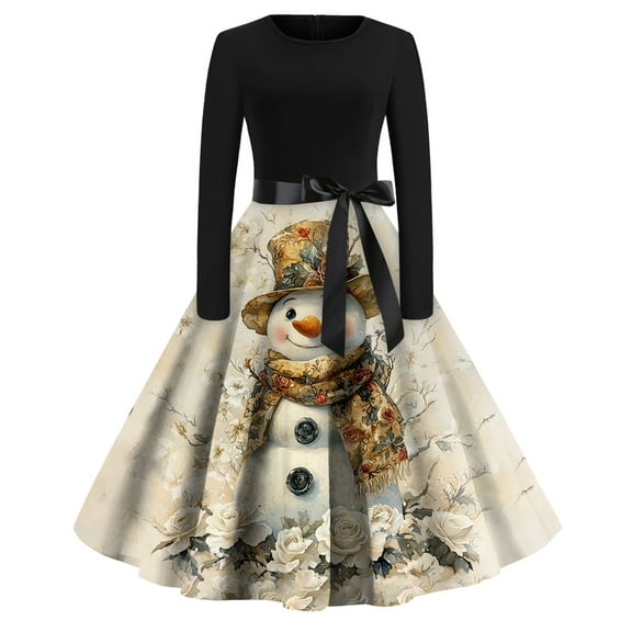 Christmas Dresses for Women Christmas Print Flare Dress For Women Long Sleeve Dress Hollow Party Casual Dresses with Round Neck for Christmas Party,Beige,L